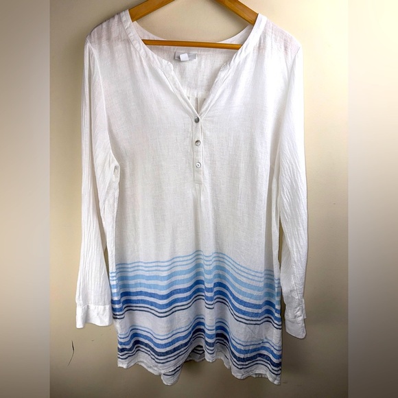J. JILL Linen Blend Large White Blue Striped Pleated Tunic Top Coastal Beach - Picture 1 of 12